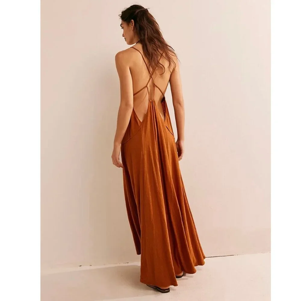 Free People Eros Maxi Dress in Roasted Pecan Copper Brown LARGE NWT - Picture 6 of 8